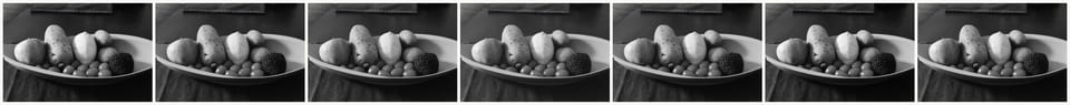The seven Grainhouse pack stocks as a contact sheet, one frame rendered through each, from Tri-X 400 through FP4 Plus 125.